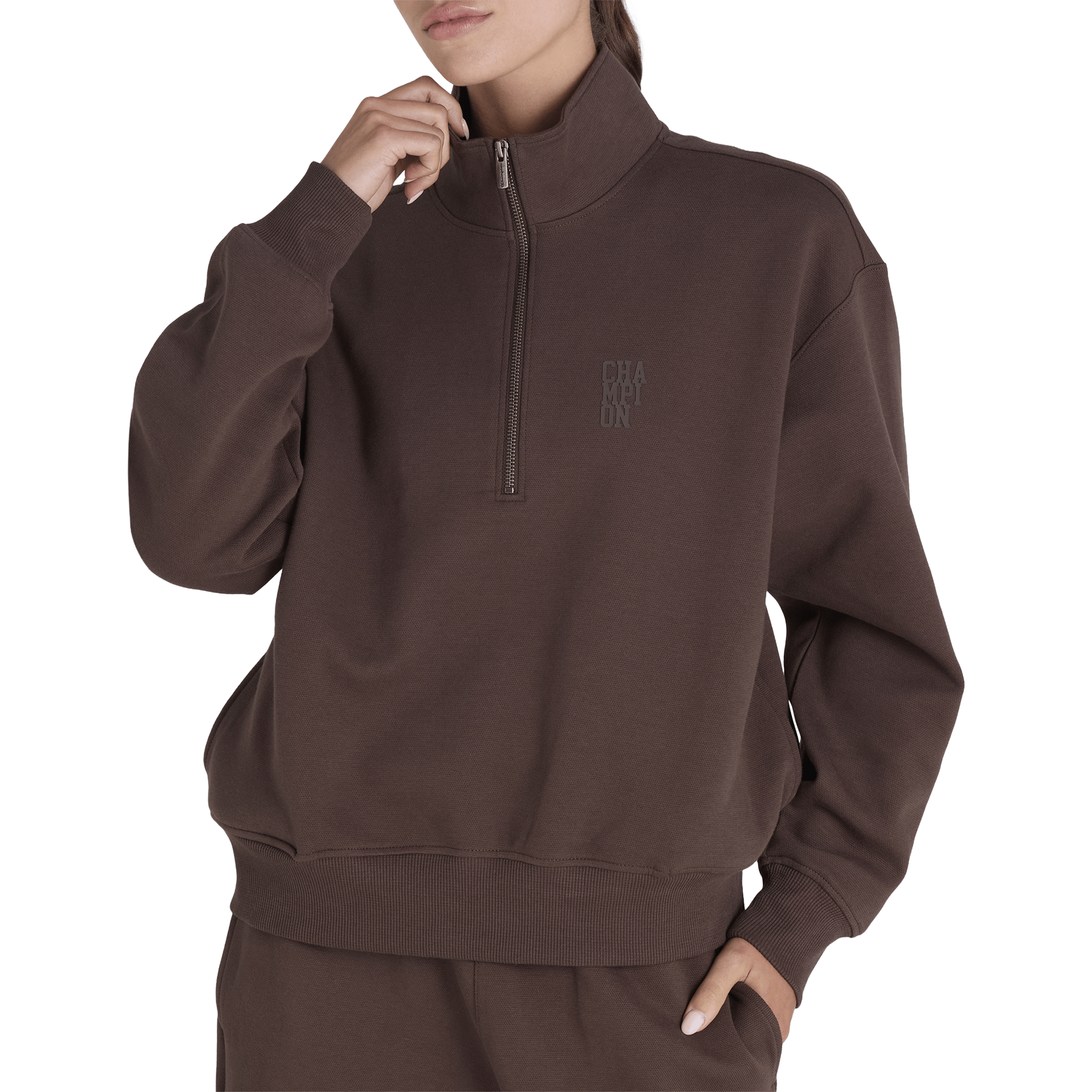 Champion Womens Base Quarter Zip Sweatshirt Warm Chocolate Brown